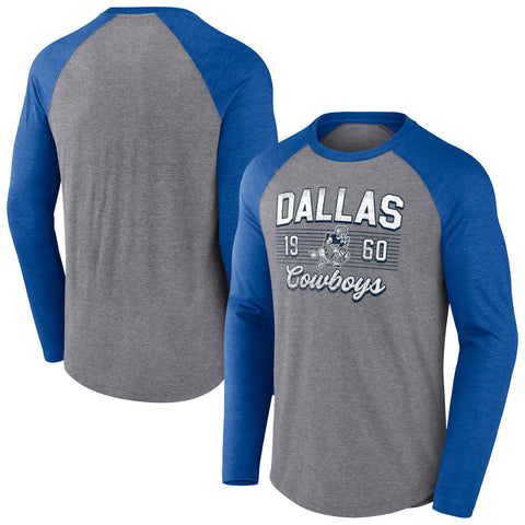 Dallas Cowboys Men's Heathered Gray/Royal Weekend Tri-Blend Raglan Long Sleeve T-Shirt